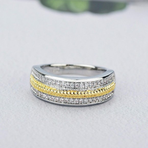 Elegant Two Tone 925 Silver Wedding Sapphire  Ring - Picture 2 of 4